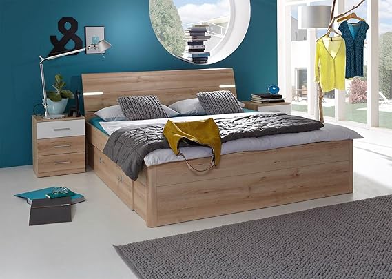 lifestyle4living Bett, Bettanlage, Schlafbett, Schlafzimmerbett, Ehebett, Stauraumbett, Nachtschrank, Schublade, Edelbuche, W