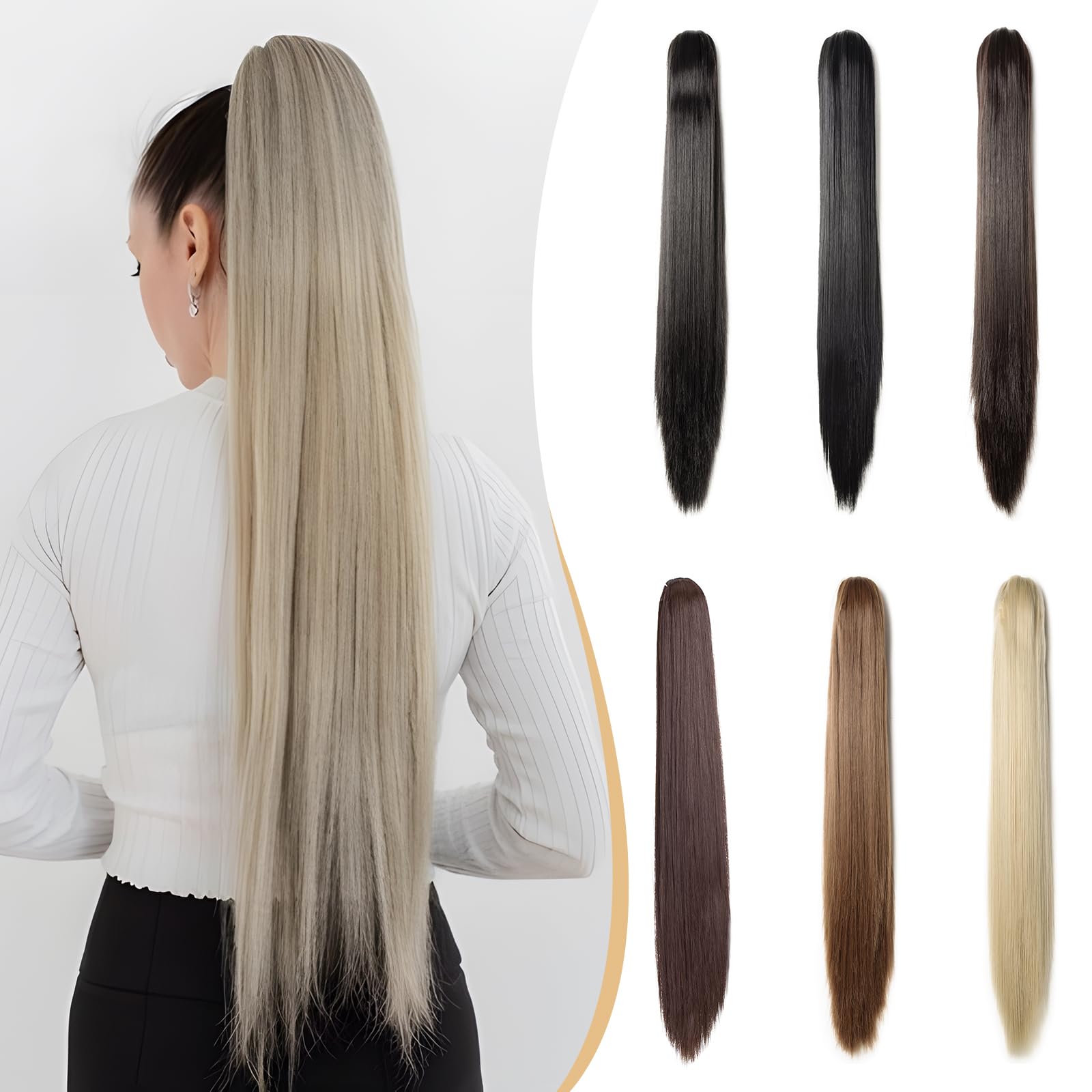 Benehair Claw Clip in Ponytail Hair Extensions, 26 Inches Long Straight Ponytail Extensions Clip in Hair Extension Synthetic Hair Pieces for Women(Dark Blonde mix Bleach Blonde, 150g)