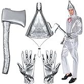 Voccos 3Pcs Silver Axe Funnel Hat Gloves Set for Adult Cute Funnel Helmet with Elastic Strap Thick Plastic Axe Small Halloween Costume Accessories for Man Women Cosplay Party