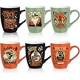 Shellwei Halloween Coffee Mugs Set of 6-11 oz Reusable Ceramic Creepy Mug Set with Handles Pumpkin Ghost Skeleton Witch Tea Mugs for Women Men Vintage Bulk Halloween Gifts Hot Tea Coffee Drinking