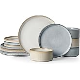 famiware Star Dinnerware Set, Plates and Bowls Sets for 4 (12pcs), Ribbed Stoneware Dishes - Chip & Scratch Resistant, Microwave & Dishwasher Safe, Multicolor - Cappuccino White & Smoky Blue