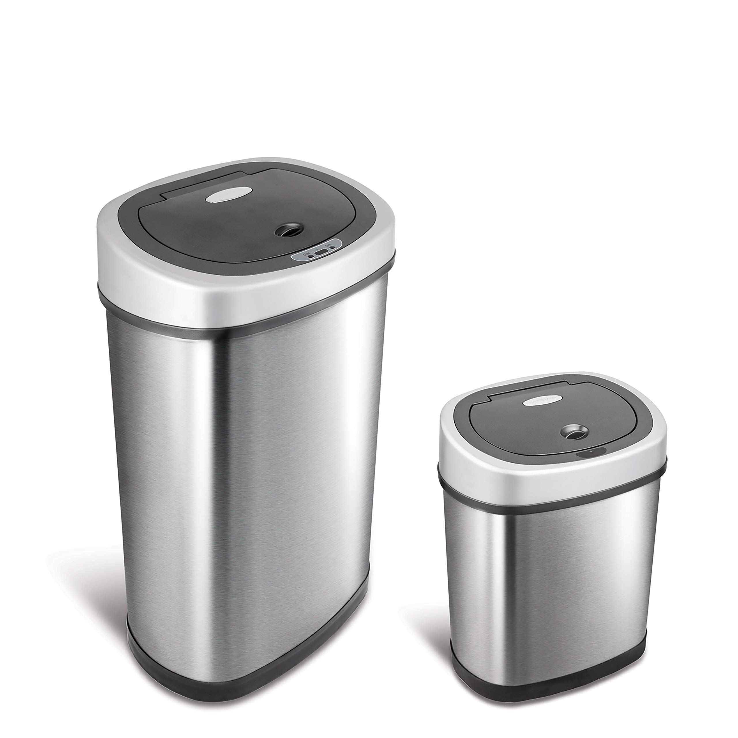 Photo 1 of ***STYLE DIFFERS FROM STOCK PHOTO BASIC PLASTIC TRASH CAN*** Ninestars CB-DZT-50-9/12-9 Automatic Touchless Infrared Motion Sensor Trash Can Combo Set, 13 Gal 50L & 3 Gal 12L, Stainless Steel Base (Oval, Silver/Black Lid)