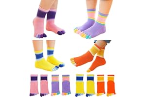 PURSUESTAR 4 Pairs Cotton Five Finger Toe Socks Athletic Running Casual Rainbow Stripe Seperated Socks for Girls Kids Boys 2-10 Years