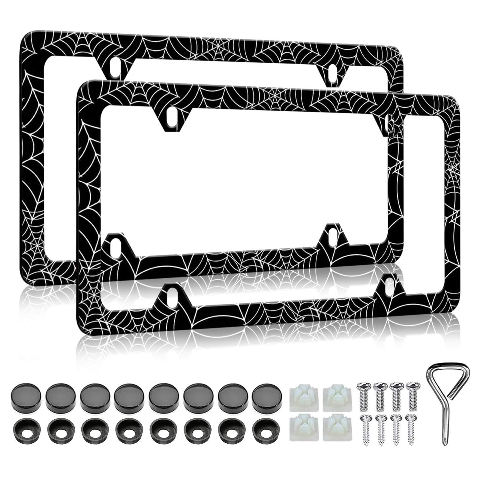 Photo 1 of Spider Web License Plate Frame - 2 PCS Goth Gothic Web Aluminum Metal License Plate Frames Holder Covers, Rust-Proof Waterproof Car Decorative Tag Frames for Standard Us 12x6 Inch