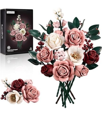 Kit de Construction Bouquet de Fleurs, 634 Pcs 12 Roses Rouges Décoratives pour Bureau ou Maison, Cadeaux pour Noël Enfants, Saint-Valentin pour Homme ou Femme, Adultes, Fête des Mères