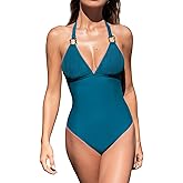 CUPSHE Women's One Piece Swimsuit V Neck Bathing Suit Halter Straps Adjustable Self Tie Swimwear Backless Striped