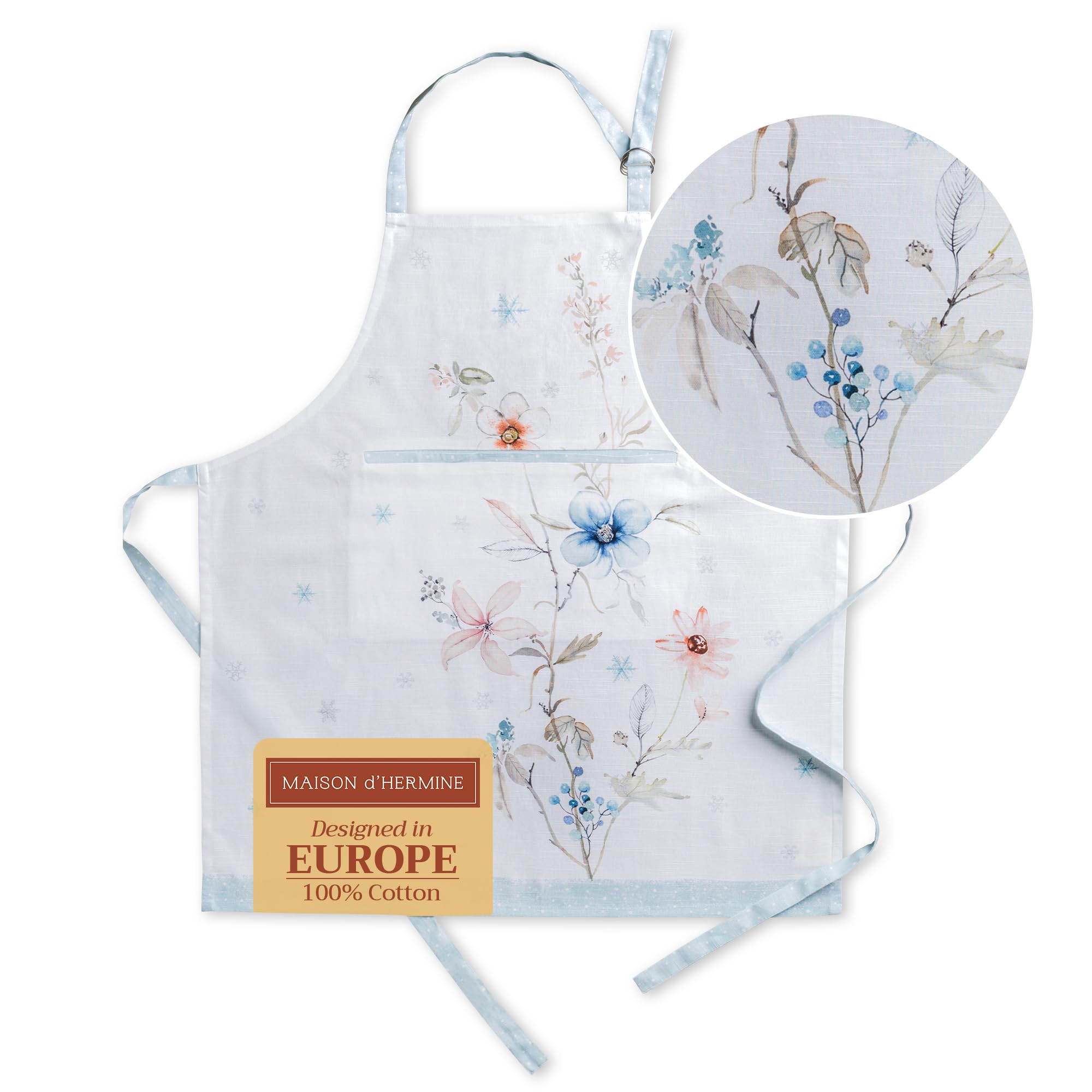 Maison d' Hermine Ice Florals 100% Cotton Apron, Unisex, Women Men, Adjustable Neck, Centre Pocket, Long Ties, Casual