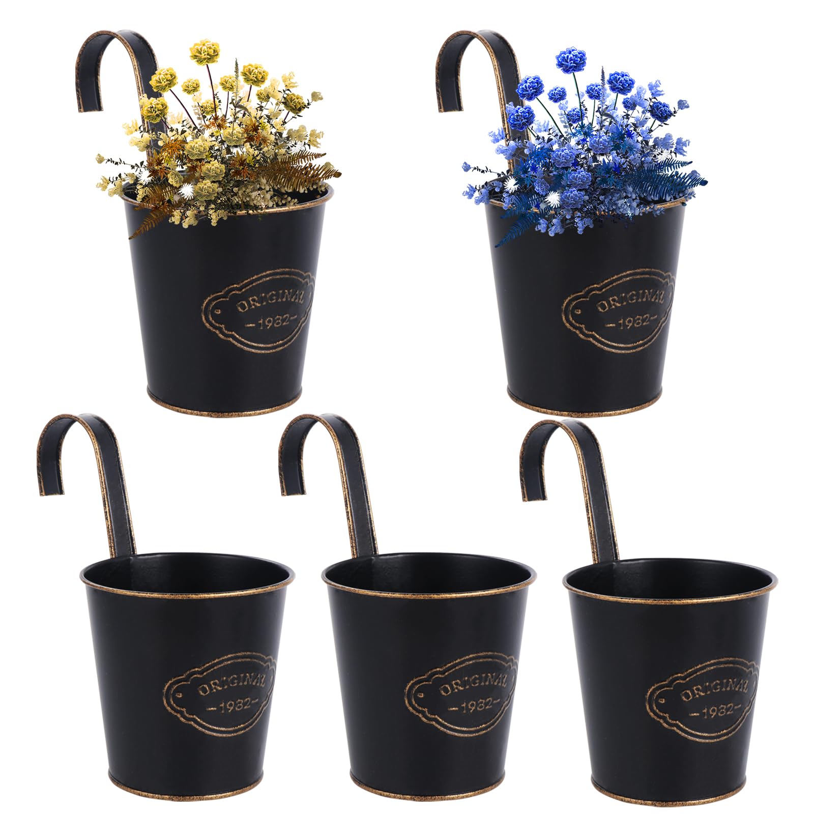 eROOSY 5PCS Metal Hanging Flower Pots with Detachable Hook, Balcony Flower Bucket Wall Planter Garden Planters, Metal Hanging Flower Pots With Drainage Hole for Balcony Fence Home Decor