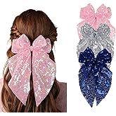 3 Pcs Sparkling Big Hair Bow Clips for Women Girls Large Cheer Bow Hair Accessories,Silver Pink Navy Hair Bow Clips