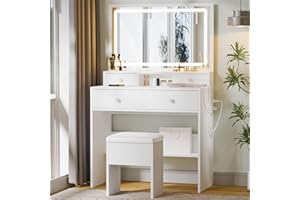 Haewon Vanity Desk with Mirror and LED Lights, White Makeup Vanity with Power Outlet, Storage Drawers and Chair, Dressing Table Set for Bedroom Dressing Room