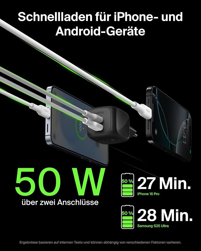 USB Ladegerät 2 Port, 50W, GaN Ladegerät mit 2 USB-C-Anschlüssen, Schnellladen für USB C Geräte wie MacBook, iPhone 17, iPad Pro, Chromebook, Galaxy S25 Ultra, Pixel 10 – Reisezubehör – Schwarz