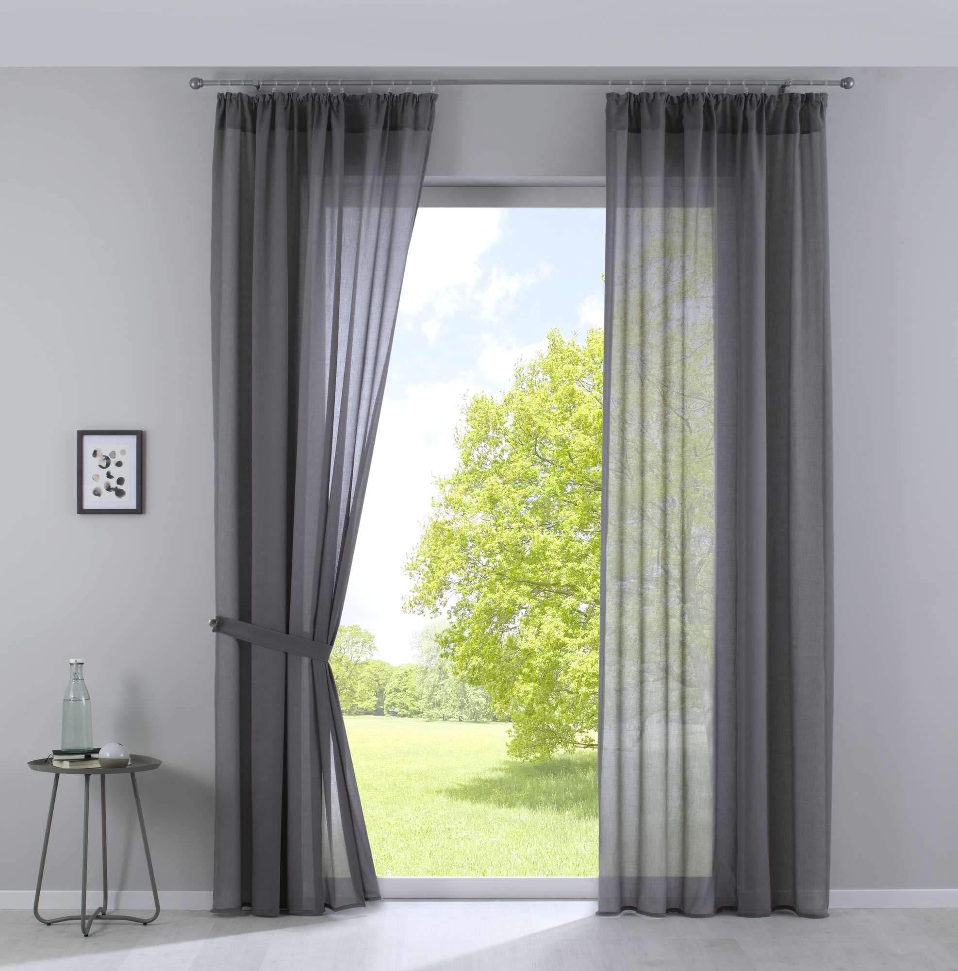 Gardinenbox Nizza Set of 2 Curtains Cotton Voile Half Voile Transparent Curtains with Curtain Tape and Drawstring, 100% Polyester, Grey, H x W 254 x 135 cm