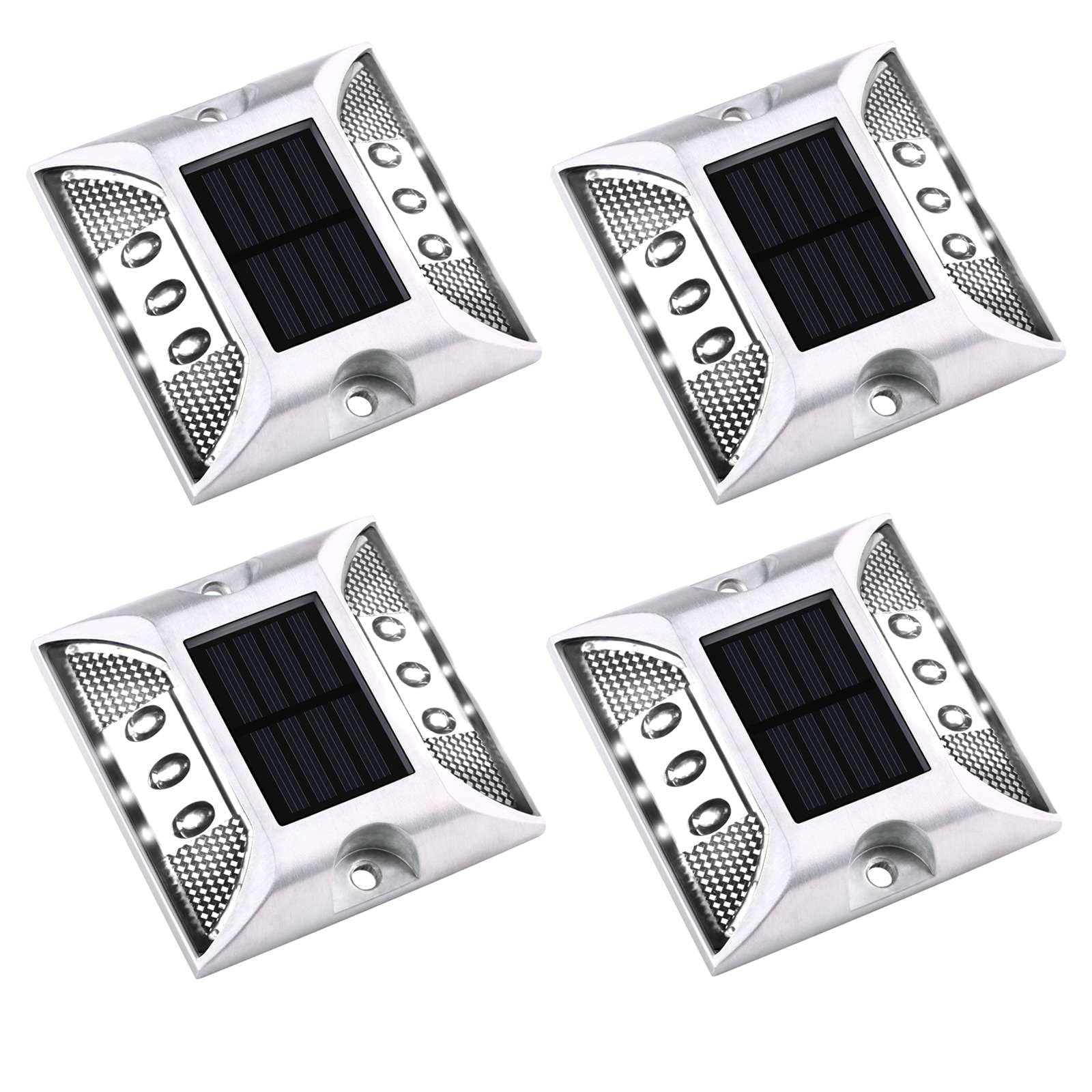 Photo 1 of Aolyty Solar Driveway Dock Lights, IP68 Waterproof Solar Deck Light Outdoor Warning Step Lights Reflective Road Marker for Sidewalk Stair Garden Pathway Walkway (4 Pack, White)