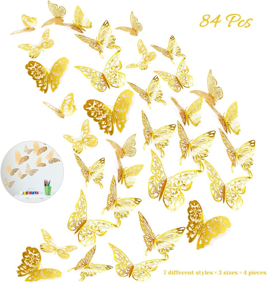 84Pcs Butterfly Wall Decals Sticker Decorations - 3D Metallic Hollow-Out, AUHOTA Removable Mural DIY Home Decor for Kids Bedroom Living Room Party Wedding - Vivid & Attractive (Gold)