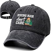 Hiking Hair Don't Care Funny Retro Washed Cotton Baseball Cap, Adjustable Lightweight and Breathable Unisex Outdoor Sport Sun Hat, Gifts for Hiker Camper Lover Hunting Dad Mom Friend Coworker Black