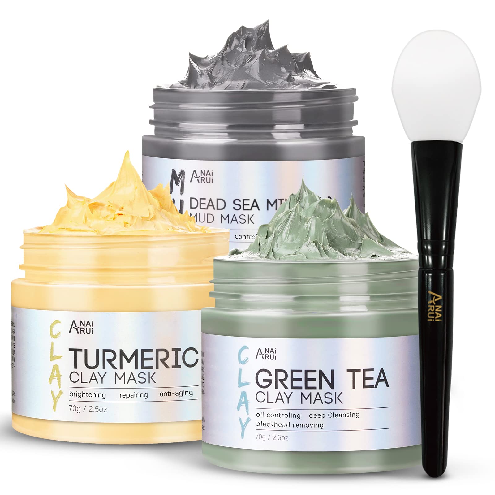 ANAiRUi Clay Face Mask Kit, Turmeric Clay Masks - Green Tea Face Masks - Dead Sea Minerals Mud Masks, Spa Facial Mask Set for Deeply Cleansing, Detoxing and Controlling Oil, 210g
