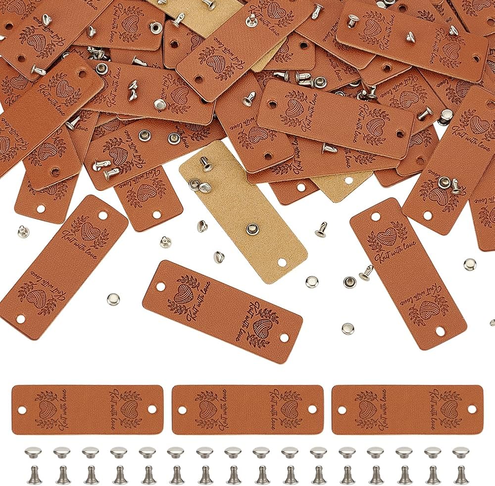 FINGERINSPIRE 48 Handmade PU Leather Labels 5.7x2cm Heart Pattern