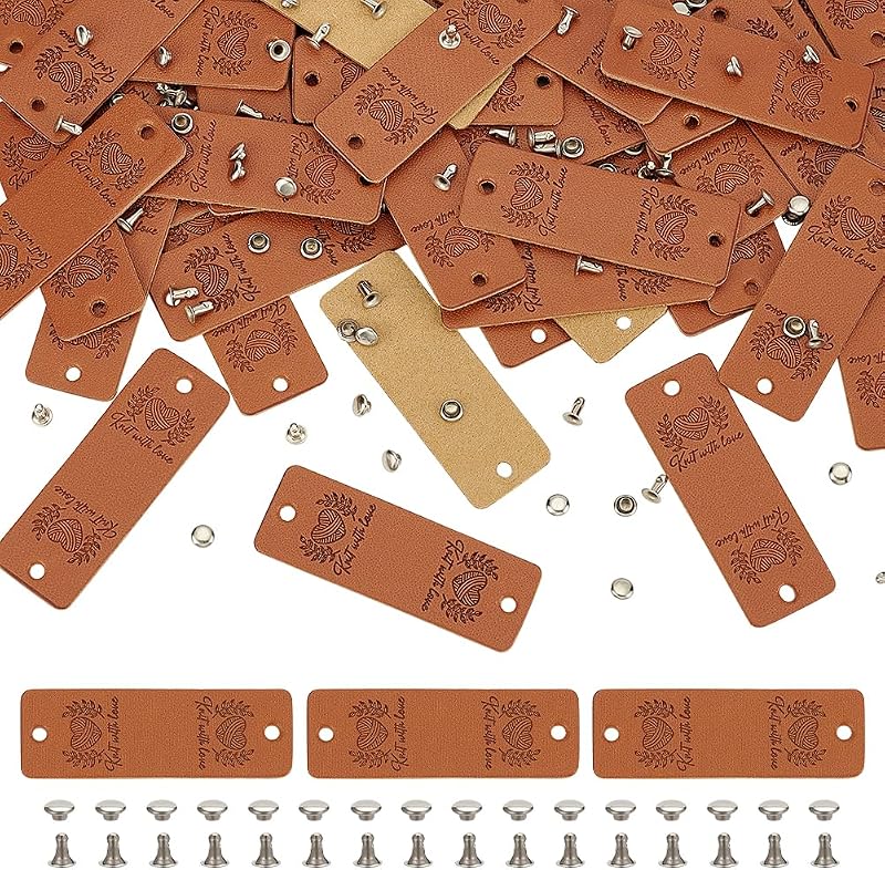 FINGERINSPIRE 48 Handmade PU Leather Labels 5.7x2cm Heart Pattern
