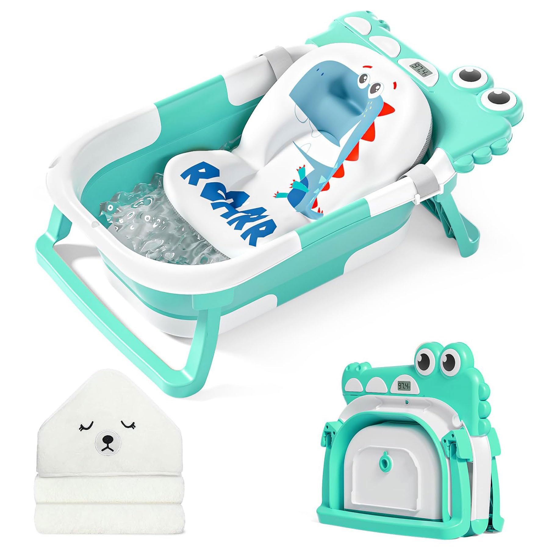 Photo 1 of MoreFeel Collapsible Baby Bathtub for Newborn with Thermometer & 1 Hooded Towel & 1 Soft Floating Cushion,Portable Travel Bathtub with Drain Hole, Durable Foldable Baby Tubs for Infants to Toddler