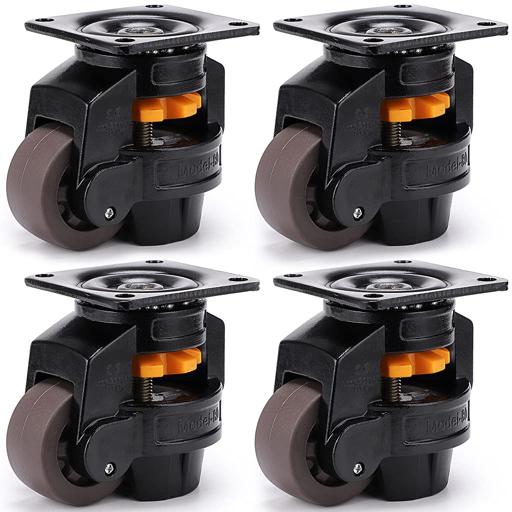 Skelang 4 Pcs Leveling Castor, 80F Workbench Castors Heavy Duty, Retractable Plate Casters with Nylon Wheels, Total Loading Capacity 2000kg