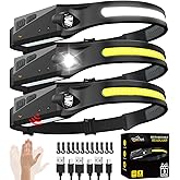 Rechargeable Headlamp 3PCS, 230&deg; LED Head Lamp, Head Lights for Forehead | Motion Sensor, Bright Wide Beam, 5Mode Headband Light, Hard Hat Light, Headlight for Adults Mechanic Camping Essentials Gear