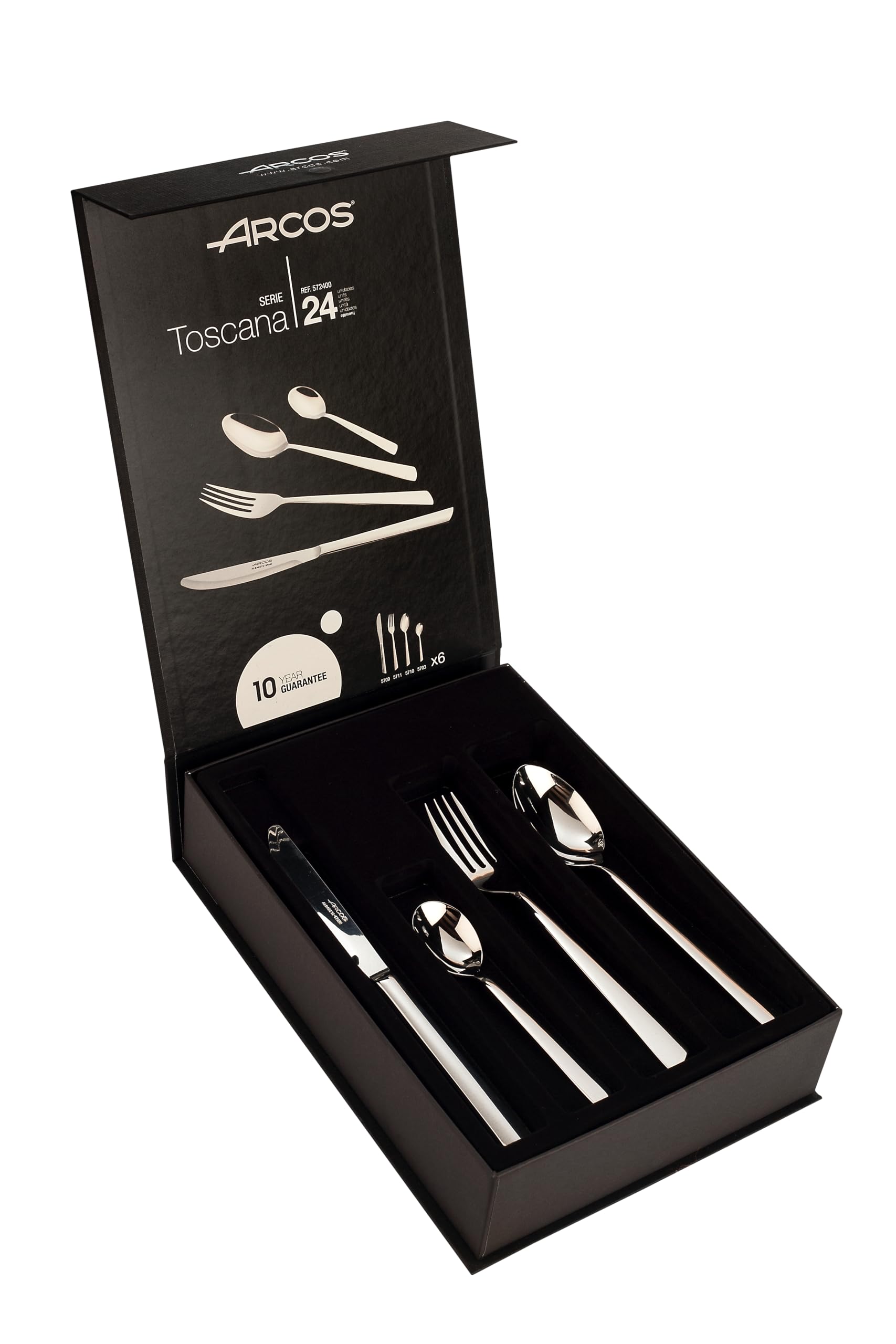 Arcos Series Toscana - Gift Case Flatware Set 24 Pieces (6 Knives + 12 Spoons + 6 Forks) - Monoblock of one Piece Stainless Steel Silver Color