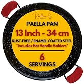 Paelluxe Paella Pan Enameled No-Rust Steel Skillet - 13 Inch, 6 Servings | 1.2mm Carbon Steel, Easy-Clean Enamel, Propane Safe, Oven Safe, Fits Stove Burners, Silicone Handle Holders