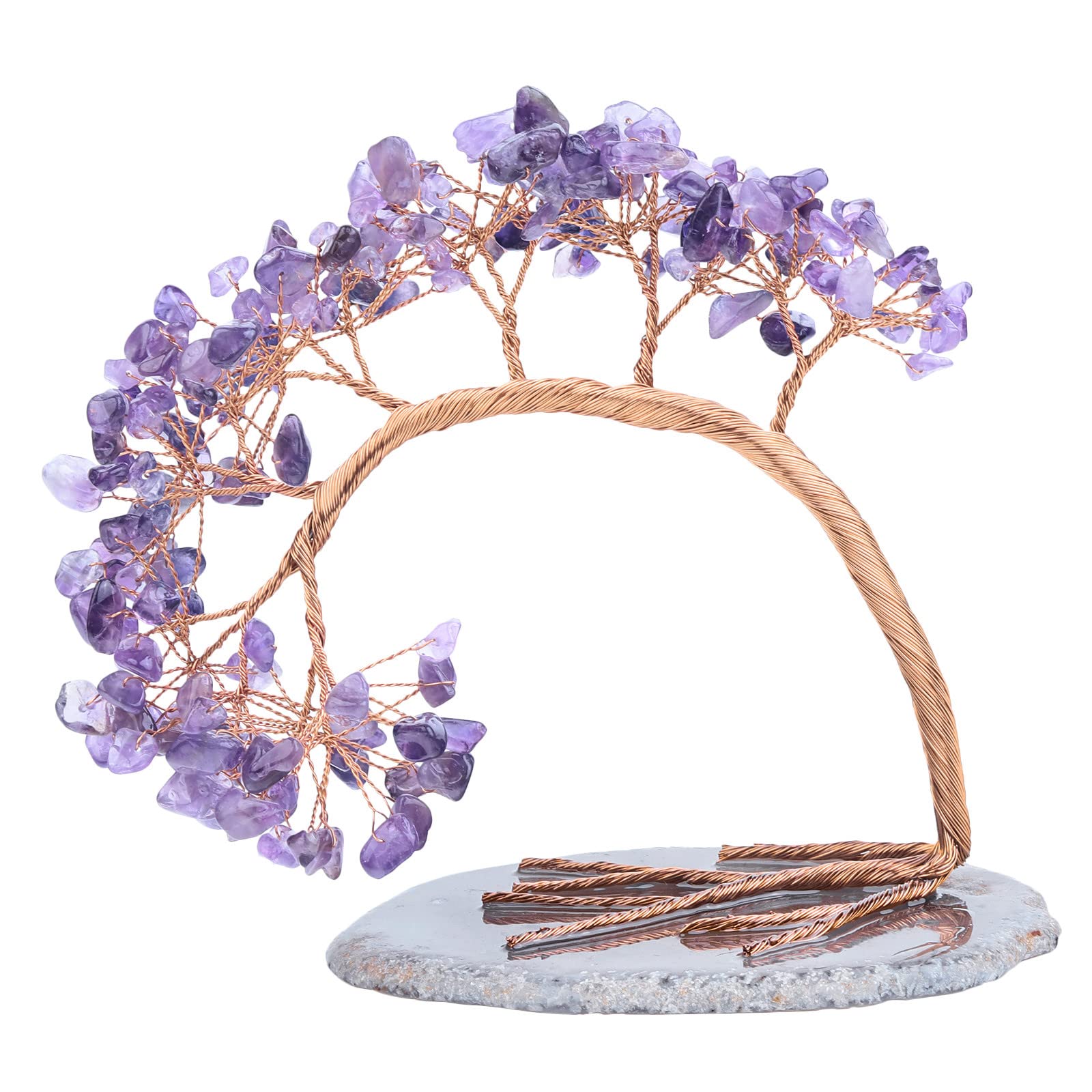 mookaitedecor Natural Amethyst Crystal Stone Money Tree with Agate Slice Base for Office Home Decor Wealth Luck, Semi Precious Healing Crystal Stone Feng Shui Tree Ornaments, Height 4.5-5.2"