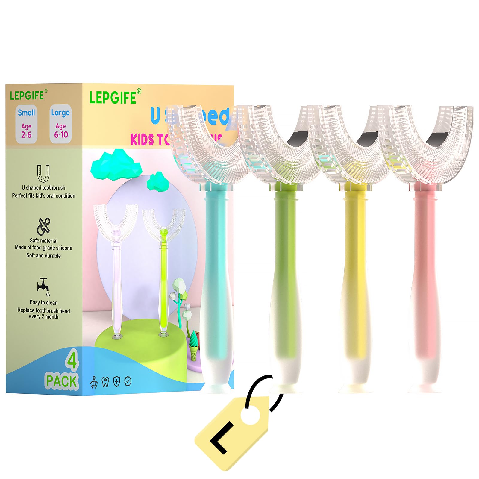 Photo 1 of LEPGIFE U Shaped Kids Toothbrush 4 Pack, U-Type Whole Mouth Toothbrush for Kids (Age 6-10)