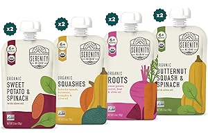 Serenity Kids 6+ Months Veggie Puree Organic Baby Food Pouches - No Added Sugar, Allergen-Free & BPA-Free Baby Snacks - 3.5 Oz, 8 Pack