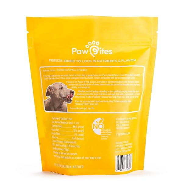 PAW BITES FREEZE DRIED DOG TREATS – CAGE-FREE CHICKEN LIVER – DOG FOOD DRY SNACKS – WITH PROTEIN & OMEGA 3S – FOR ALL BREEDS & SIZES – NO ARTIFICIAL FLAVORS & DYES, NO PRESERVATIVES – 1 POUCH, 4 OZ