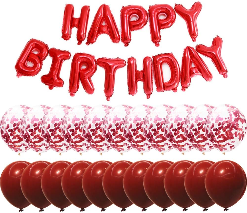 Happy Birthday Banner, Red Balloon Decoration Set, 20 Pack Including Latex and Confetti Balloons