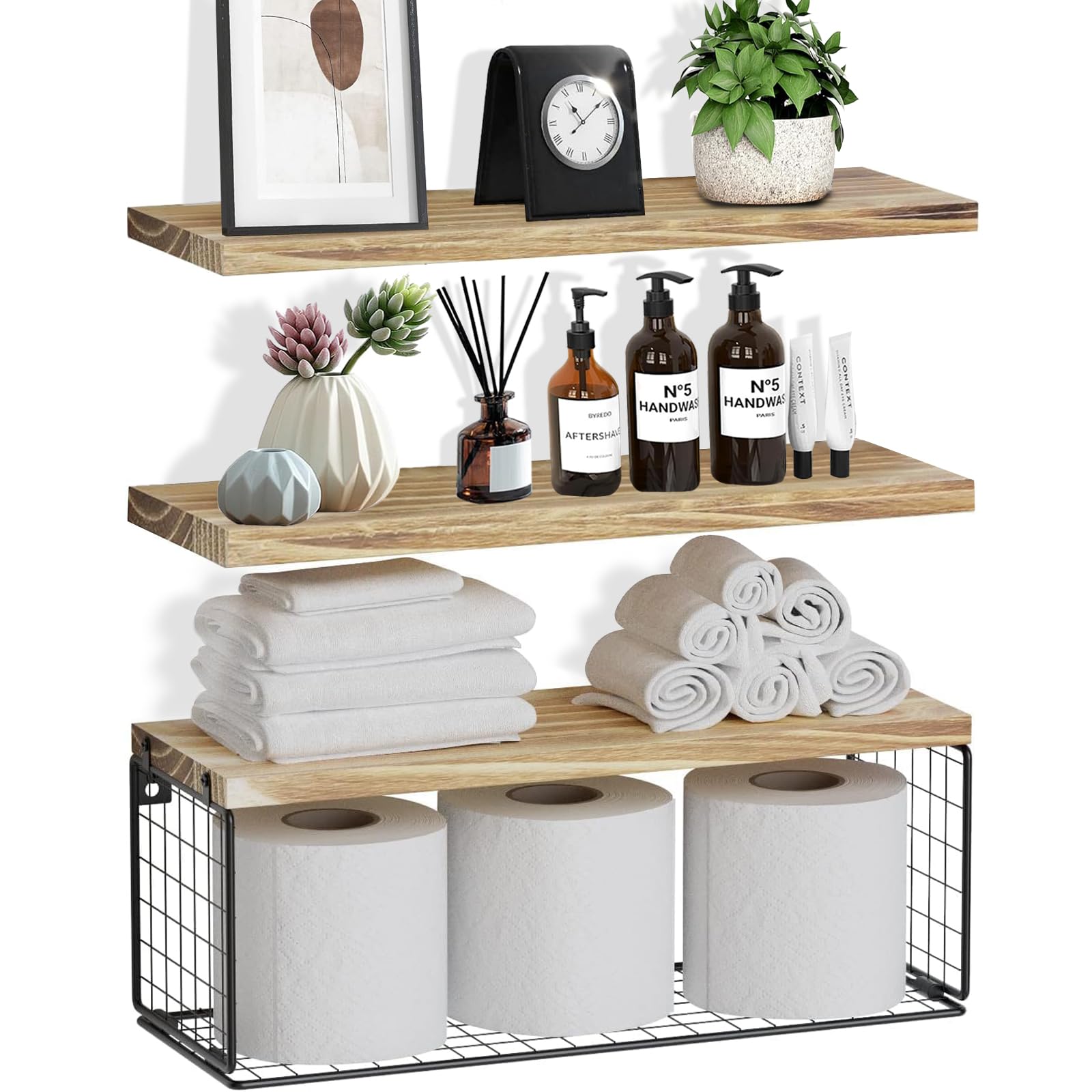 ZVZM Floating Shelves, Rustic Shelves for Wall, Bathroom Shelves Over Toilet, Kitchen Shelves with Wire Storage Basket, Bathroom Shelf, Wall Shelves Decor for Living Room/Office/Plants Shelves.