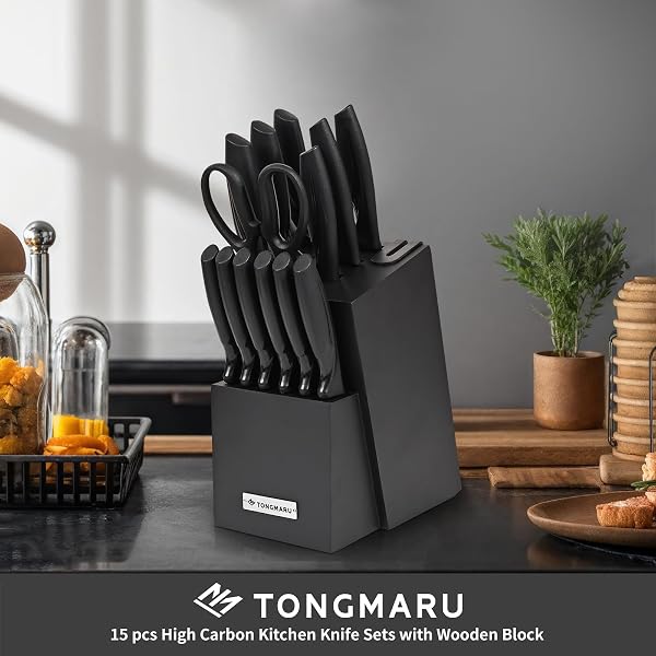 KNIFE SET WITH SHARPENER – 15 PCS HIGH CARBON STAINLESS STEEL KNIVES BLOCK SET, STAINLESS STEEL KNIFE SET, BUILT-IN SHARPENER KITCHEN KNIFE SET, WITH ANTI SLIP AND ERGONOMIC HANDLES (BLACK)