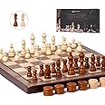 Chess Set 15'' Chess Board Wooden Magnetic Folding Chess Board Set for Adults & Kids Checkers Game for Kids Portable Travel Chess Game for Beginner 2 Extra Queens (Walnut Color)