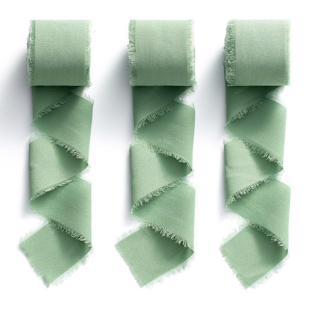 MORSUNBELA Chiffon Ribbon Eucalyptus Green 3.8 cm Ribbon Chiffon Gift Ribbon Fabric Ribbon Fringe Ribbon 19.2 m