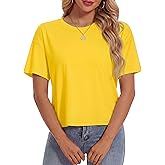 YUCOLEN Women's Crop Tops Summer Short Sleeve Cotton UPF 50+ Round Neck Casual Loose Cropped T-Shirts Solid Basic Tees