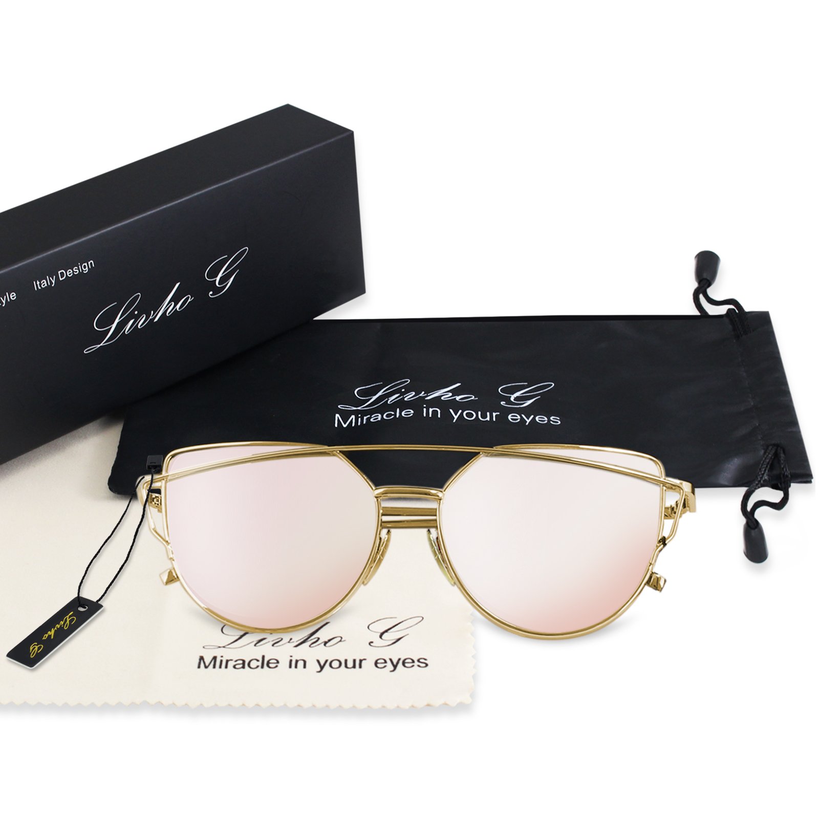 LIVHO G |Cat Eye Mirrored Flat Lenses Street Fashion Metal Frame Women Sunglasses