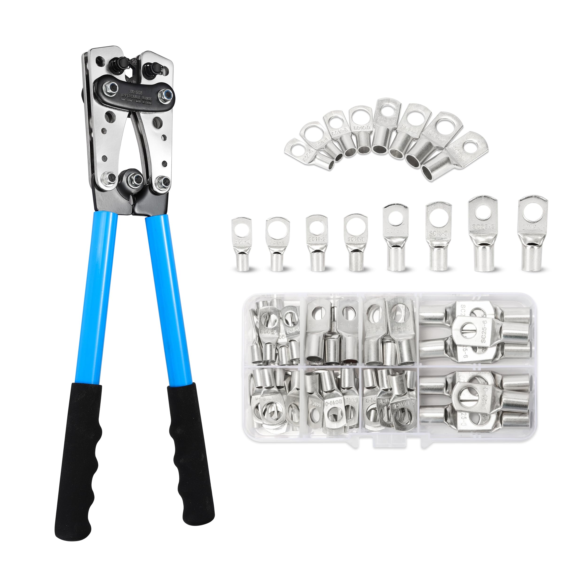Photo 1 of HKS Battery Cable Lug Crimping Tool 10-1 AWG with 60Pcs Copper Ring Terminals 8 Sizes Cable Lugs Set, Heavy Duty Wire Crimper