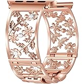 Duoan Floral Band Compatible with Apple Watch Jewelry Band 38mm 40mm 41mm 42mm iWatch Bands Series 11 10 9 8 7,Bling Crystal Bracelet Hollow Metal Strap,Dressy Women Wristband(38/40/41/42mm,Rose Gold)