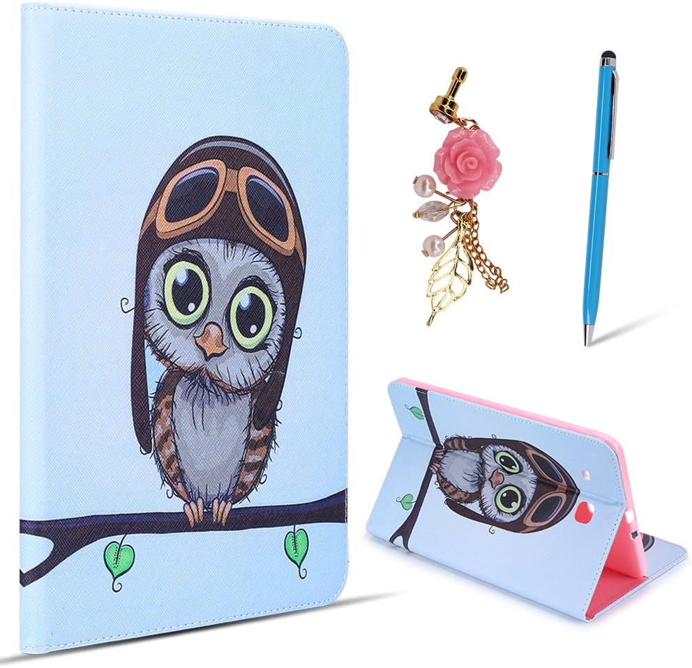 Spiritsun Samsung Galaxy Tab E (9.6 Inches) T560 Case,Samsung Galaxy Tab E (9.6 Inches) T560 Cover,Samsung Galaxy Tab E (9.6 Inches) T560 Leather Wallet Case Painted Pattern Series PU Leather Magnetic Smart Case Cover Stand Function Protective Sleeve Flip Holster with Stylus Pen and Pink Rose Flower Dust Plug - Cute Owl