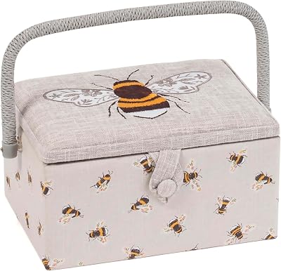 Hobby Gift Sewing Box Wood Fabric Embroidered Bee Medium