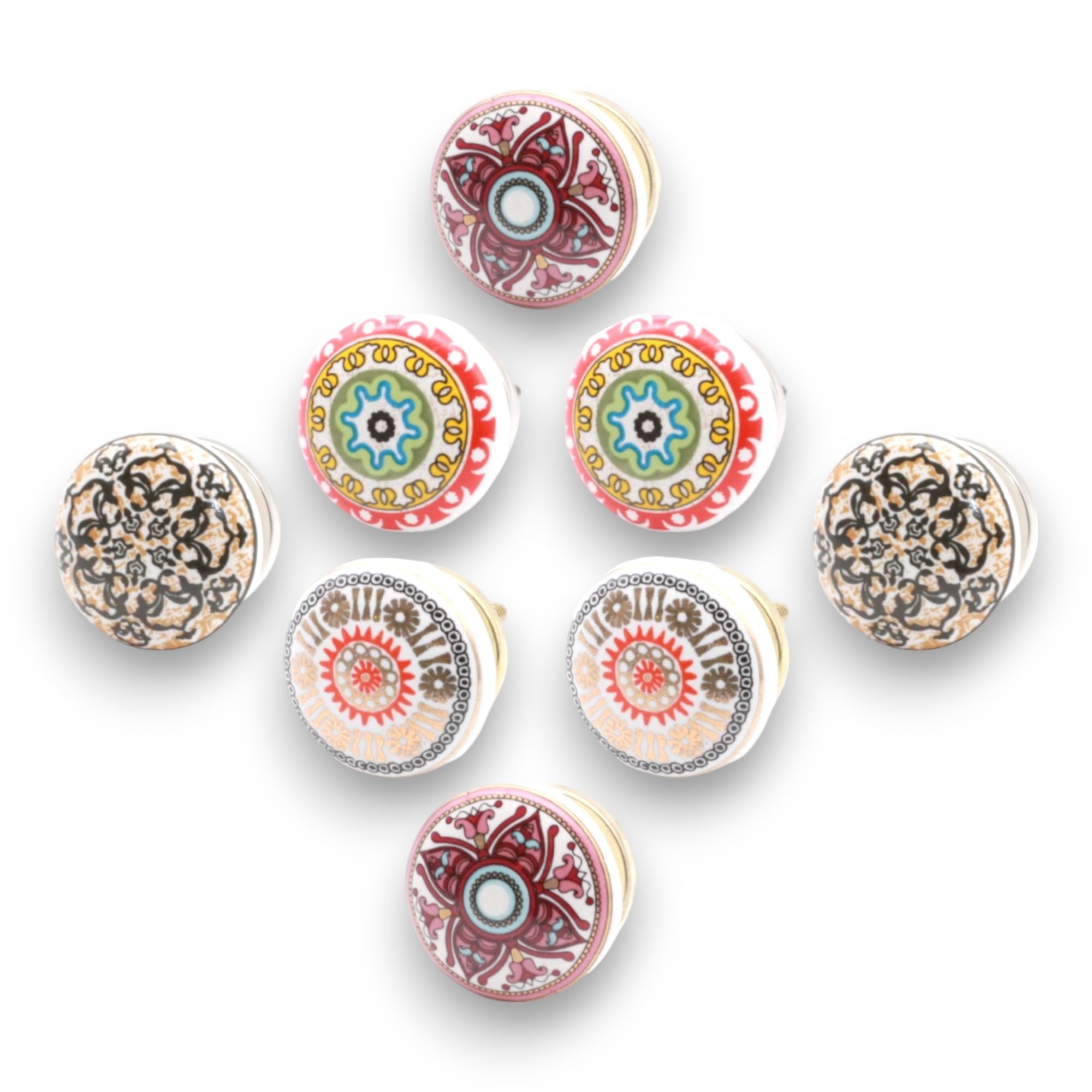 Infinity Decor Set of 8 Geometric Colorful Mandala Pattern Ceramic Cupboard Knobs - 40mm Modern Pull Handles for Chest Drawers, Wardrobe, Cabinet Door