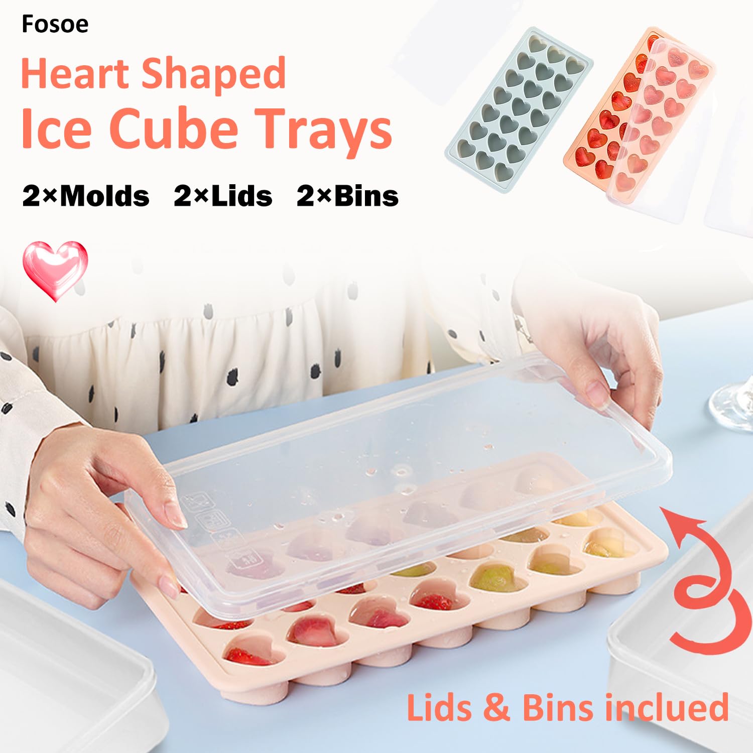 2 Pack Heart Shpaed Ice Cube Trays with Lids, 42 Holes Silicone Heart Ice Cube Molds for Whiskey, Cocktail, Fun Shapes Ice Cubes, Chocolate, Candle, Candy, Jelly, Jello - with Lids Bins