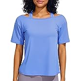 JOYSPELS Ice Silk Women's Short Sleeve Workout Shirts Quick Dry Cold Shoulder Loose Fit Athletic Running Tee Tops