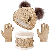 Senker Fashion Winter Beanie Kids Hat and Gloves Set for Girls Boys Toddler Pompom Knit Fleece Lined for Cold Weather