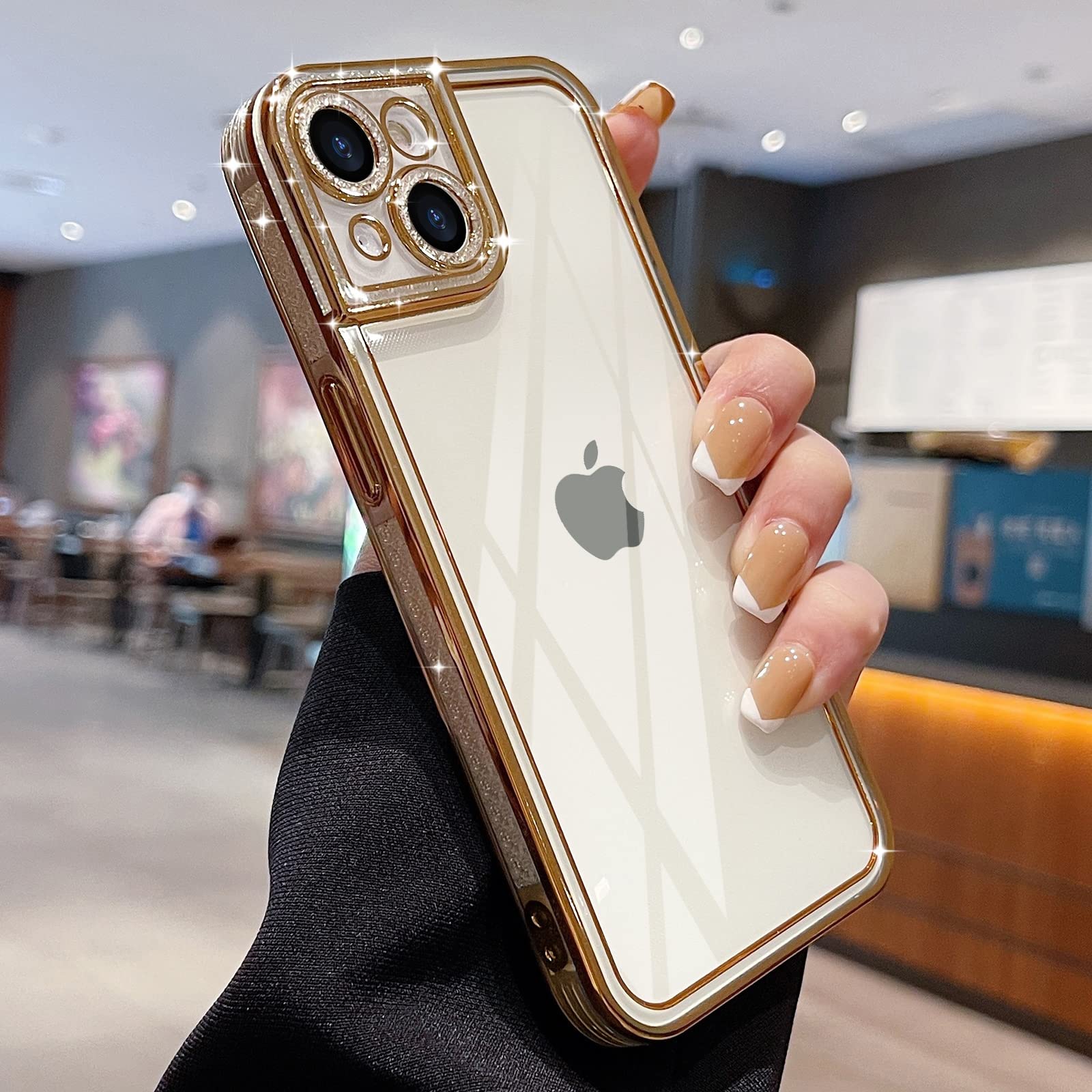 Teageo for iPhone 13 Case Clear Cute Women Girls Glitter Pattern Plating Phone Case Silicone Full Camera Protection Shockproof Bumper Back Cover for iPhone 13, Gold