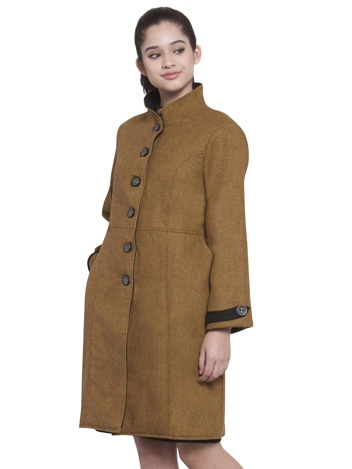 martini women mustard funnel collar pure wool coat