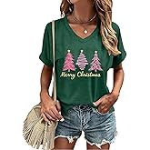 Christmas Shirts for Women Xmas Tree Graphic V Neck Tshirts Merry and Bright Holiday Causal Gifts Tee Tops
