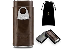 Cigar Case Leather Fits 3 Cigars, Portable Travel Cigar Humidor Box Spanish Cedar Wood Lined with Steel Cigar Cutter for Trav